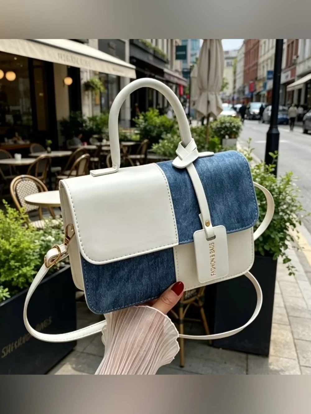 Two-Tone White and Denim Patchwork Top-Handle Crossbody Bag